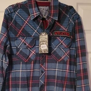 AFFLICTION, LARGE BUTTON UP SHIRT. BLUE/ RED